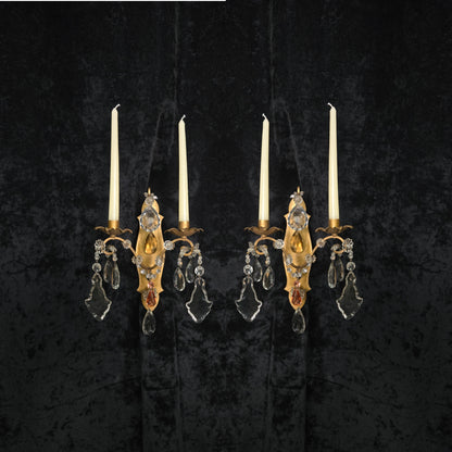 Fabulous Pair Vintage Italian 2 Arm Gilded Wrought Iron Crystal Candle Sconces