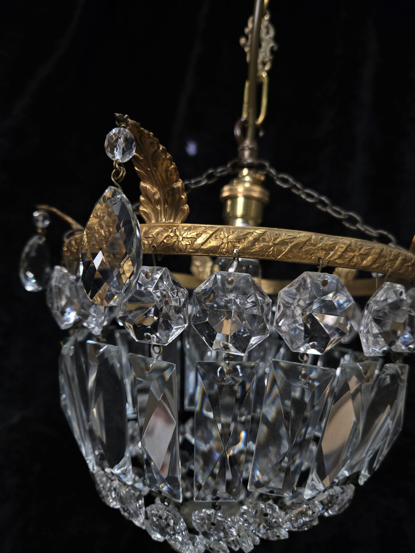 Beautiful Antique French Crystal Half Bag Brass Leaf Chandelier Ceiling Light
