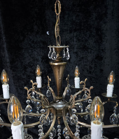 Gorgeous Vintage Italian 8 Arm Crystal Brass Leaf Chandelier Ceiling Light