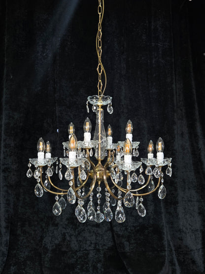 Classical Vintage Italian 8 Arm 12 Light Brass Crystal Chandelier Ceiling Light