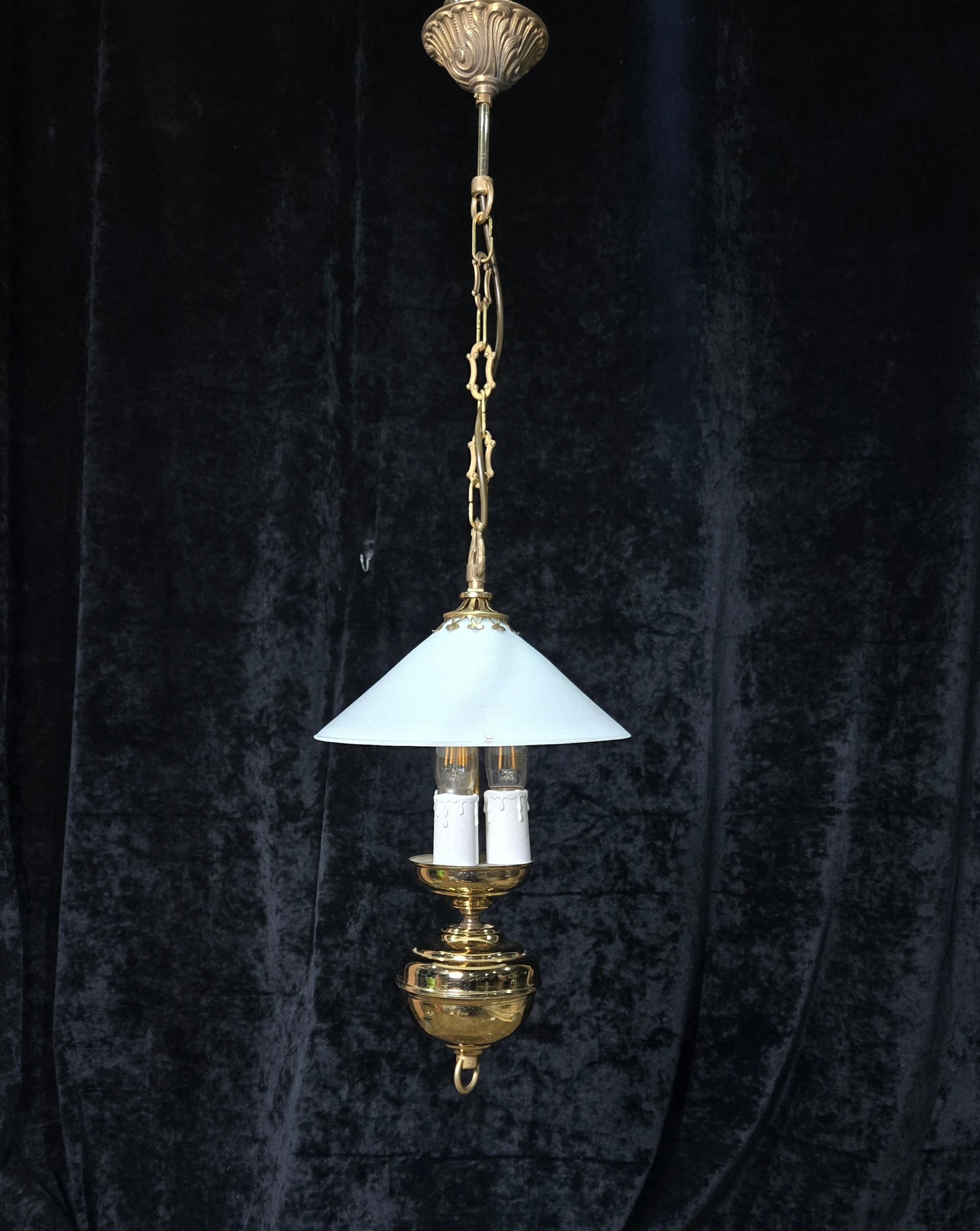 Unique Vintage Milk Glass Brass Bouillotte Oil Lamp Style 3 Light Chandelier