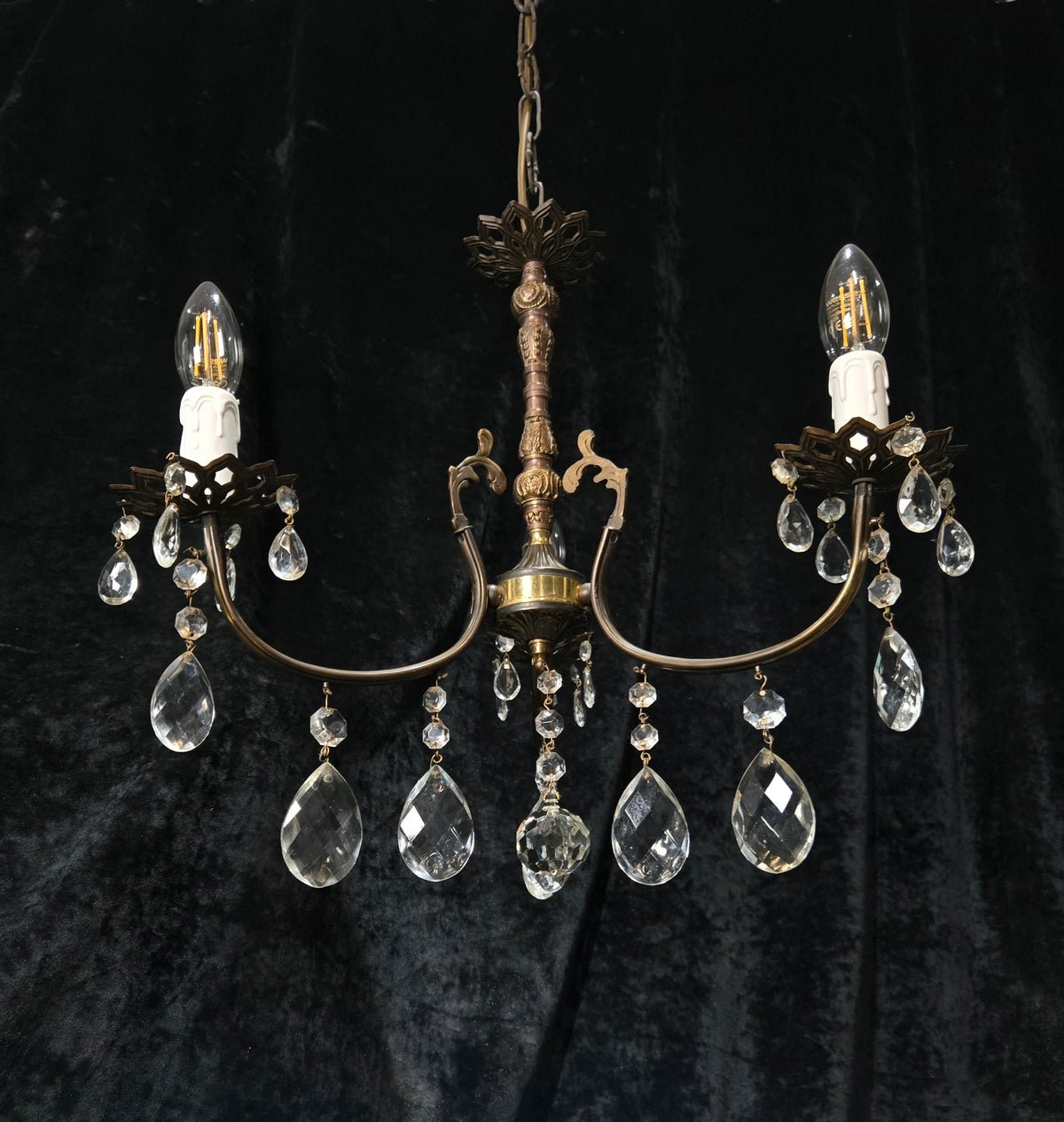 Lovely Vintage Italian 3 Arm Brass and Crystal Chandelier Ceiling Light