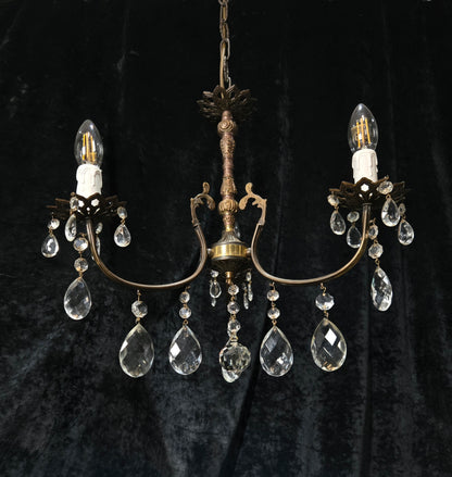 Lovely Vintage Italian 3 Arm Brass and Crystal Chandelier Ceiling Light