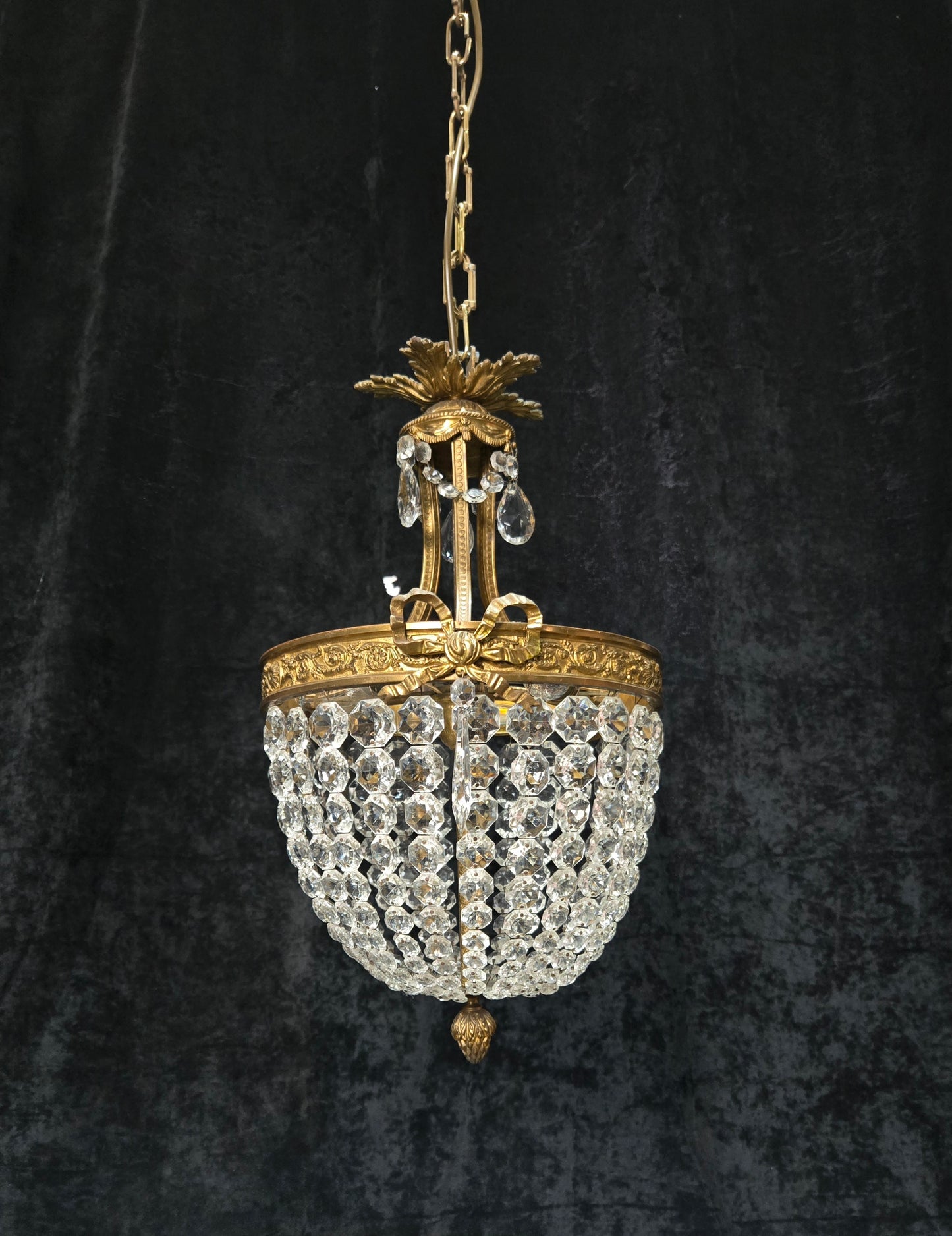 Traditional Antique French 3 Light Brass Bronze Crystal Empire Chandelier