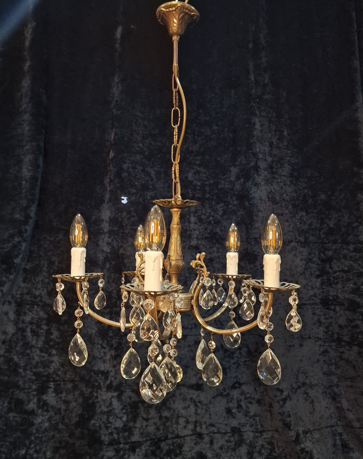 Beautiful Vintage French 5 Arm Brass and Crystal Chandelier Ceiling Light
