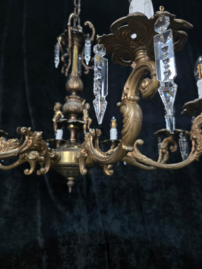 Fabulous Vintage Italian 8 Arm Large Brass Crystal Cherub Chandelier Light