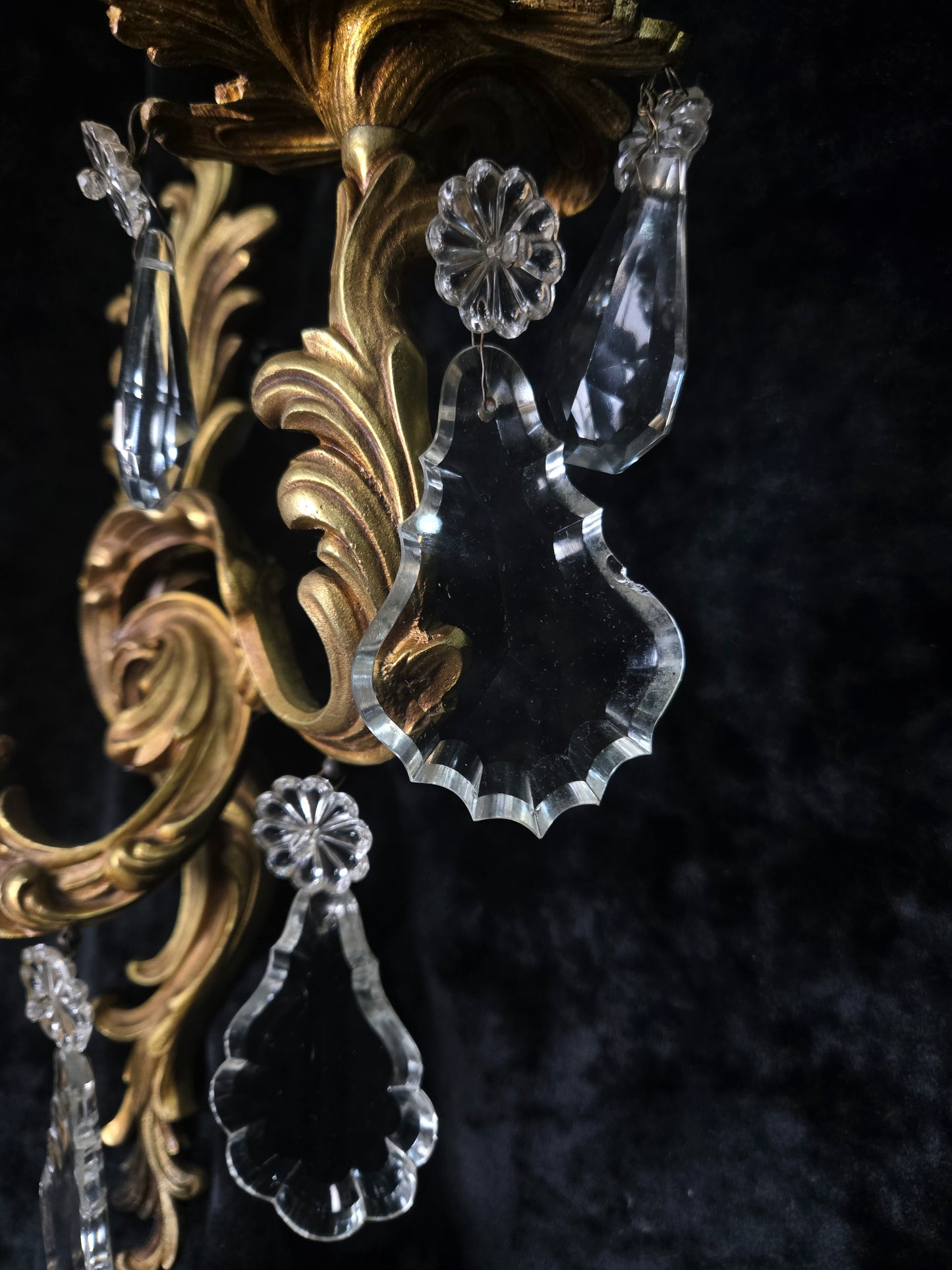 Fabulous Pair Antique French Heavy Gilt Bronze 2 Arm Crystal Candle Wall Lights