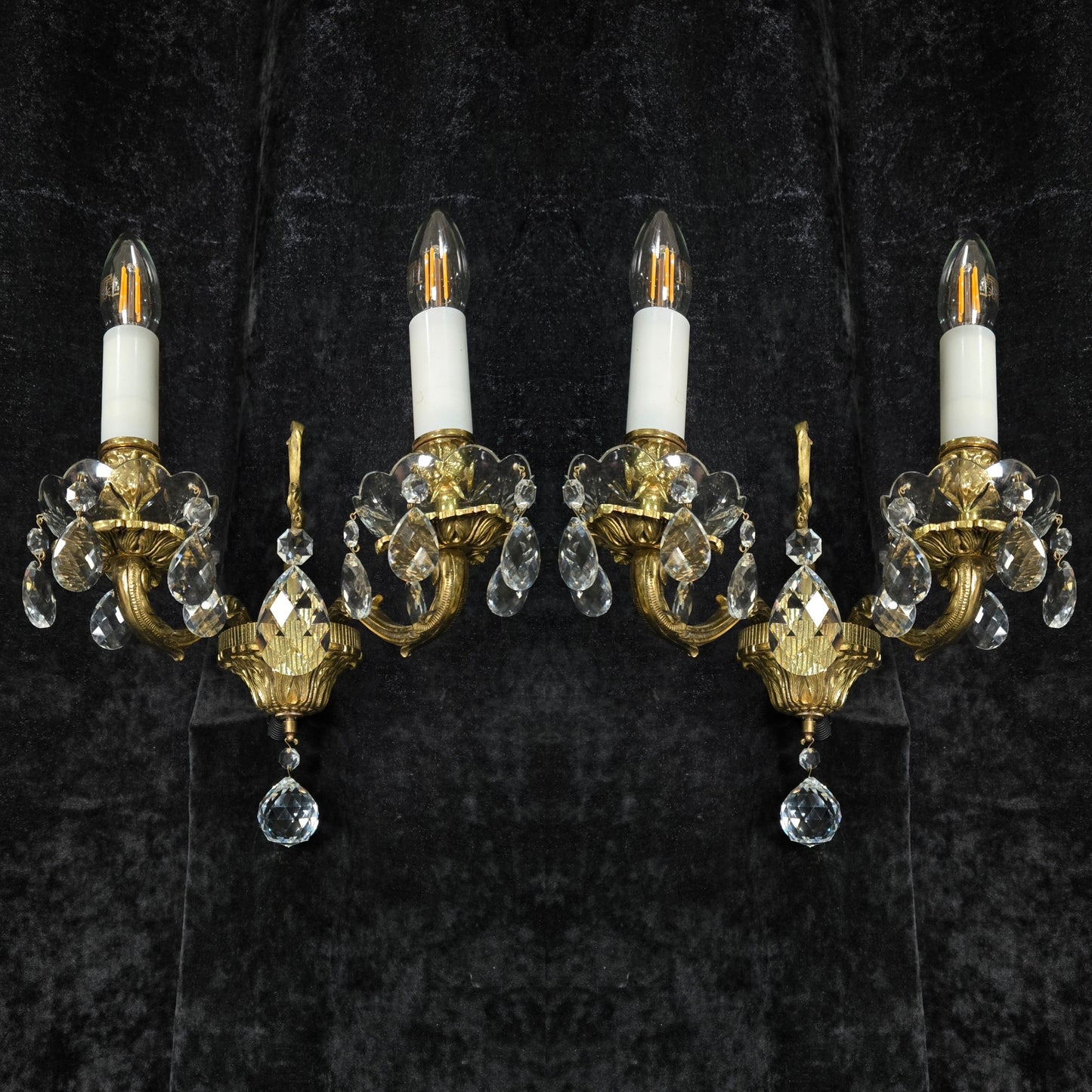 Fabulous Pair of Heavy Brass Vintage French 2 Arm Crystal Wall Lights Sconces