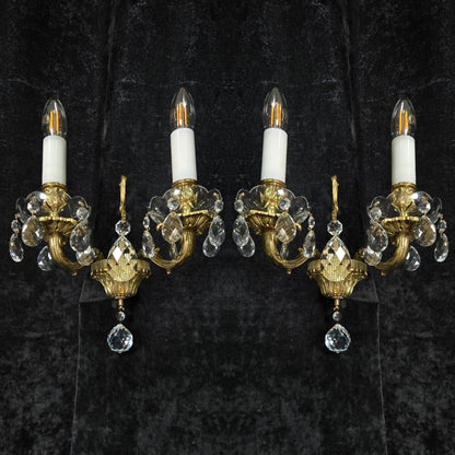 Fabulous Pair of Heavy Brass Vintage French 2 Arm Crystal Wall Lights Sconces