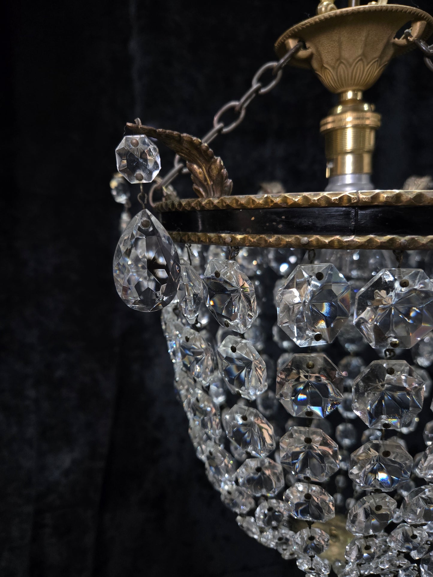 Stunning Antique French Empire Style Brass Crystal Leaf Chandelier Ceiling Light