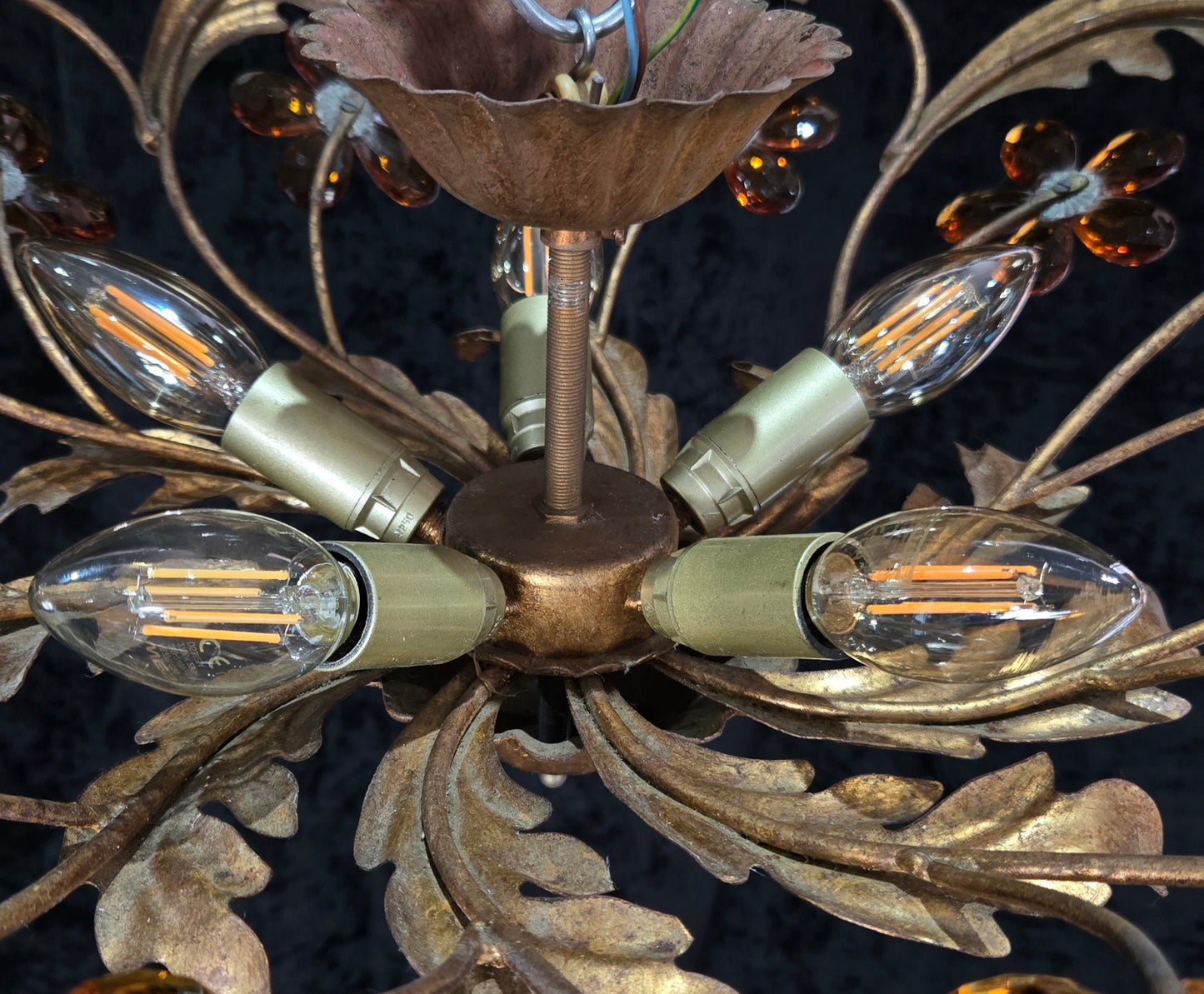 Beautiful Vintage Italian Banci 5 Light Gilded Toleware Flush Ceiling Chandelier