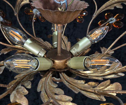 Beautiful Vintage Italian Banci 5 Light Gilded Toleware Flush Ceiling Chandelier