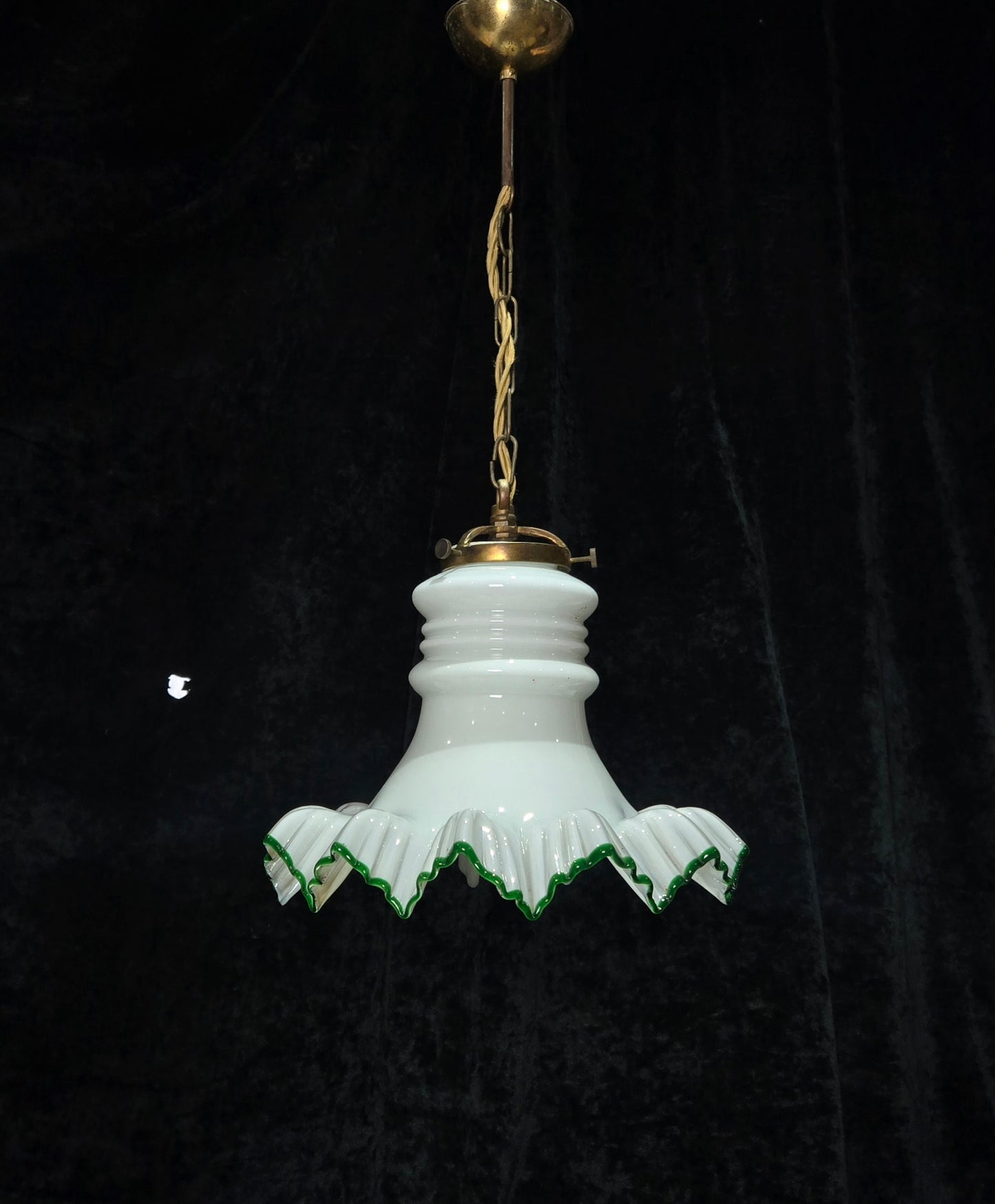 Fabulous Antique French Large Opaline Glass Shade Green Edging Brass Light