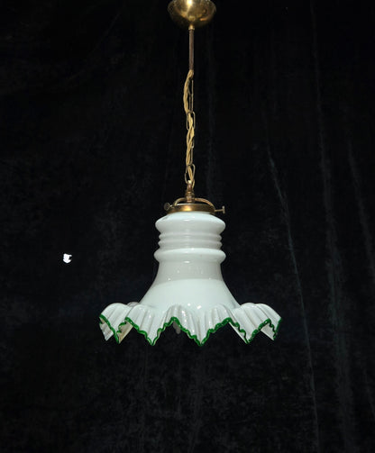 Fabulous Antique French Large Opaline Glass Shade Green Edging Brass Light