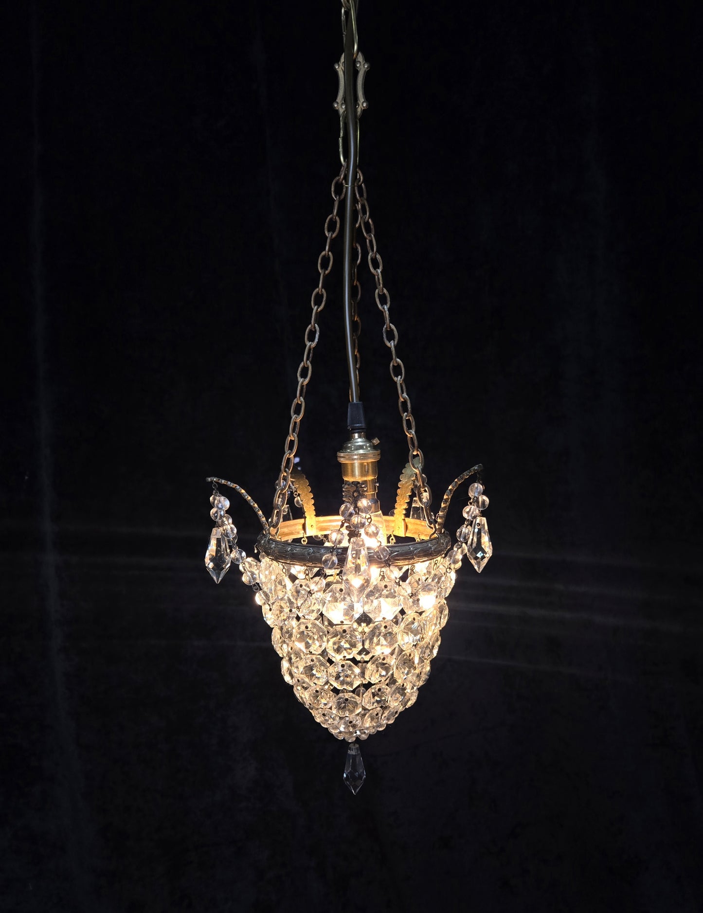 Beautiful Antique French Crystal Bag Brass Leaf Chandelier Ceiling Light