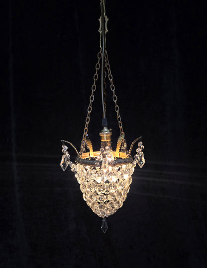 Beautiful Antique French Crystal Bag Brass Leaf Chandelier Ceiling Light