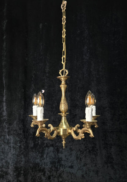 Classical Vintage French 5 Arm Brass Rococo Style Chandelier Ceiling Light