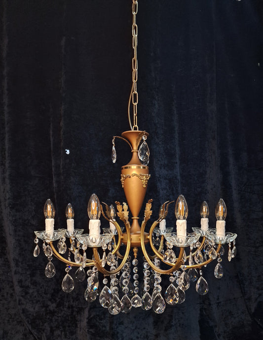 Beautiful Vintage Italian 8 Arm Brass and Crystal Leaf Chandelier Ceiling Light