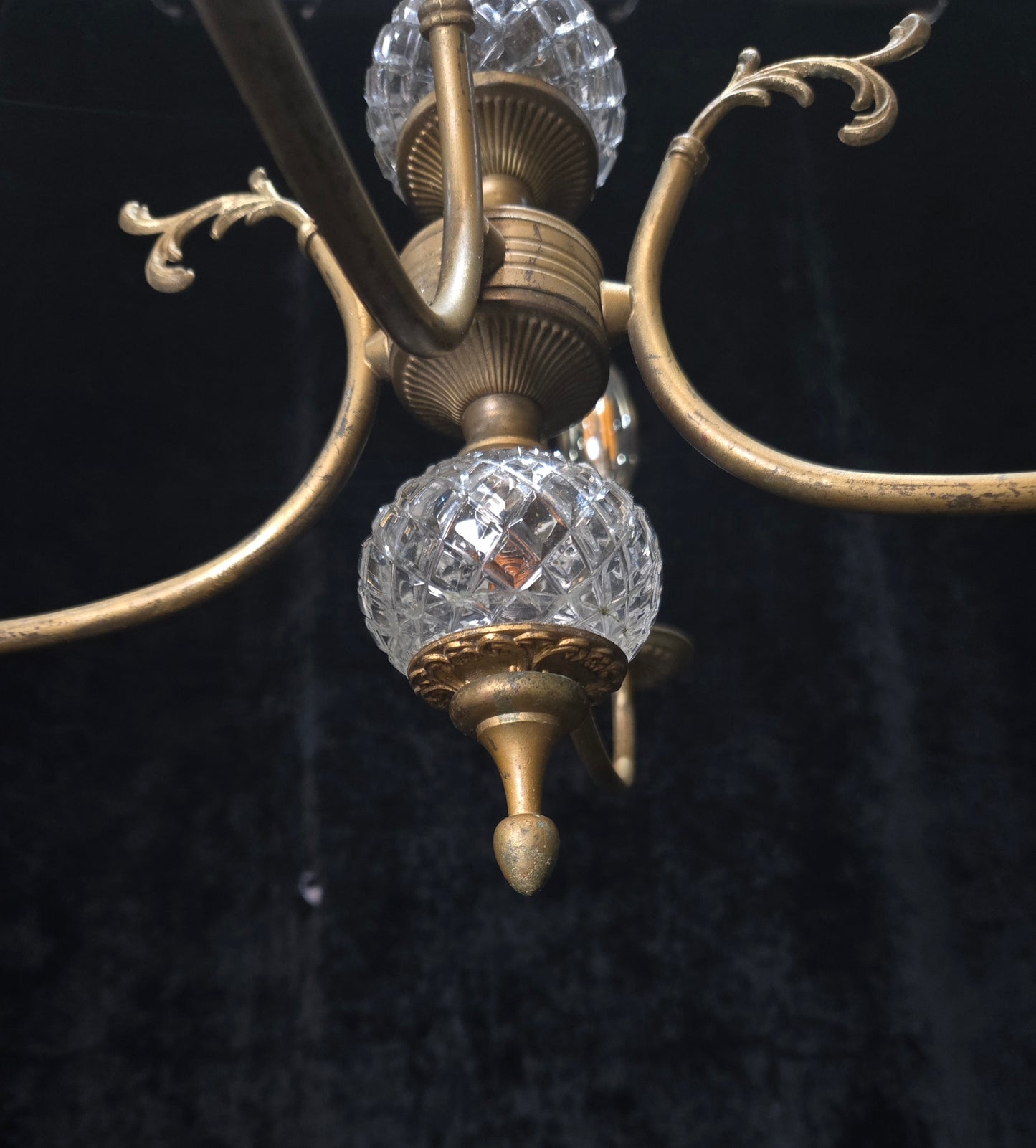 Classical Vintage French 4 Arm Lacquered Brass Crystal Chandelier Ceiling Light