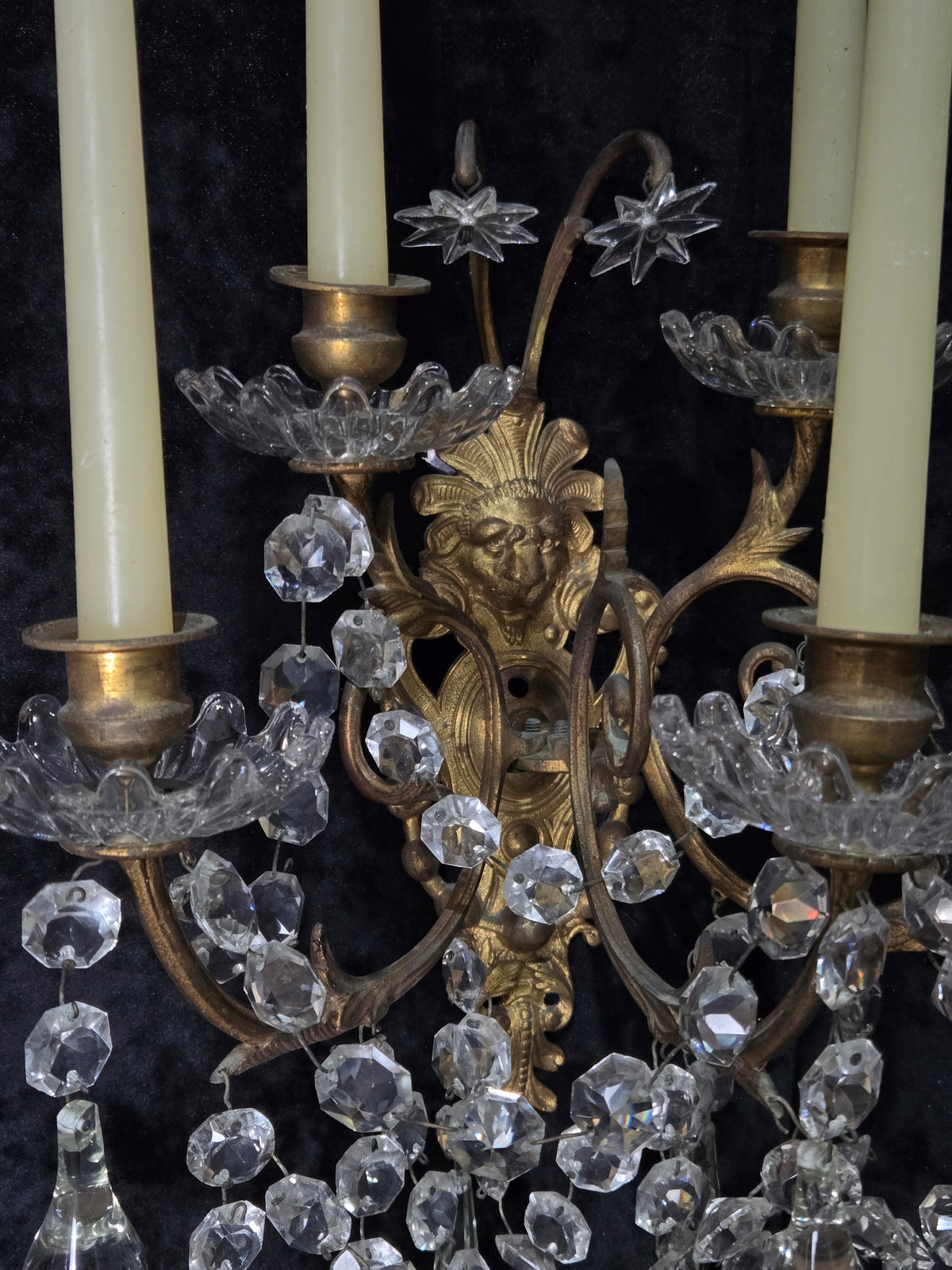 Rare Large Pair 1800s Antique Original Porteiux France Brass Candle Wall Lights