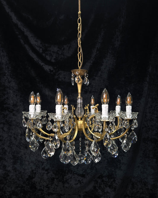 Beautiful Vintage French 8 Arm Crystal and Brass Leaf Chandelier Ceiling Light