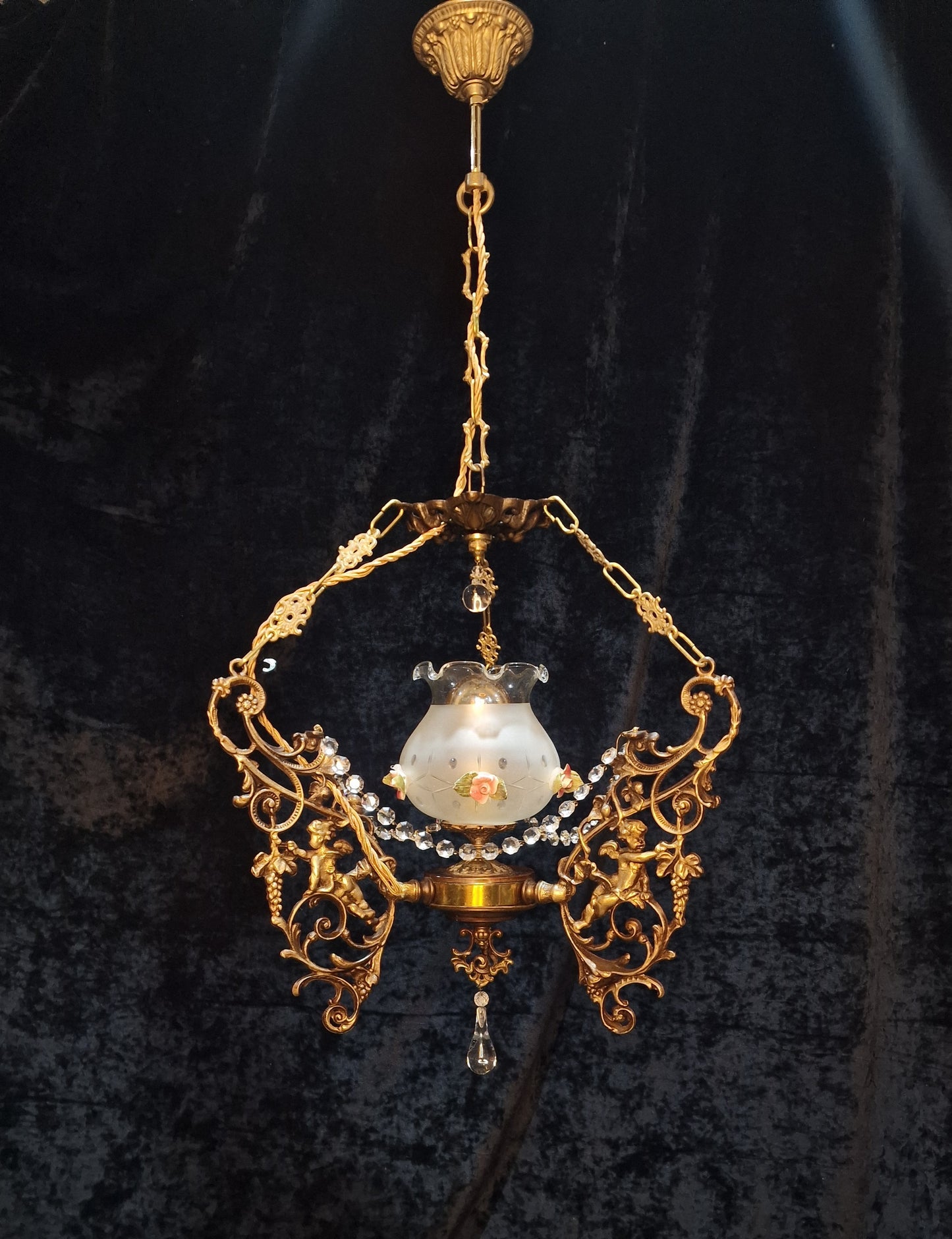 Beautiful Vintage Brass Italian Cherub Flower Caged Crystal Chandelier Light