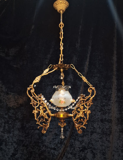 Beautiful Vintage Brass Italian Cherub Flower Caged Crystal Chandelier Light