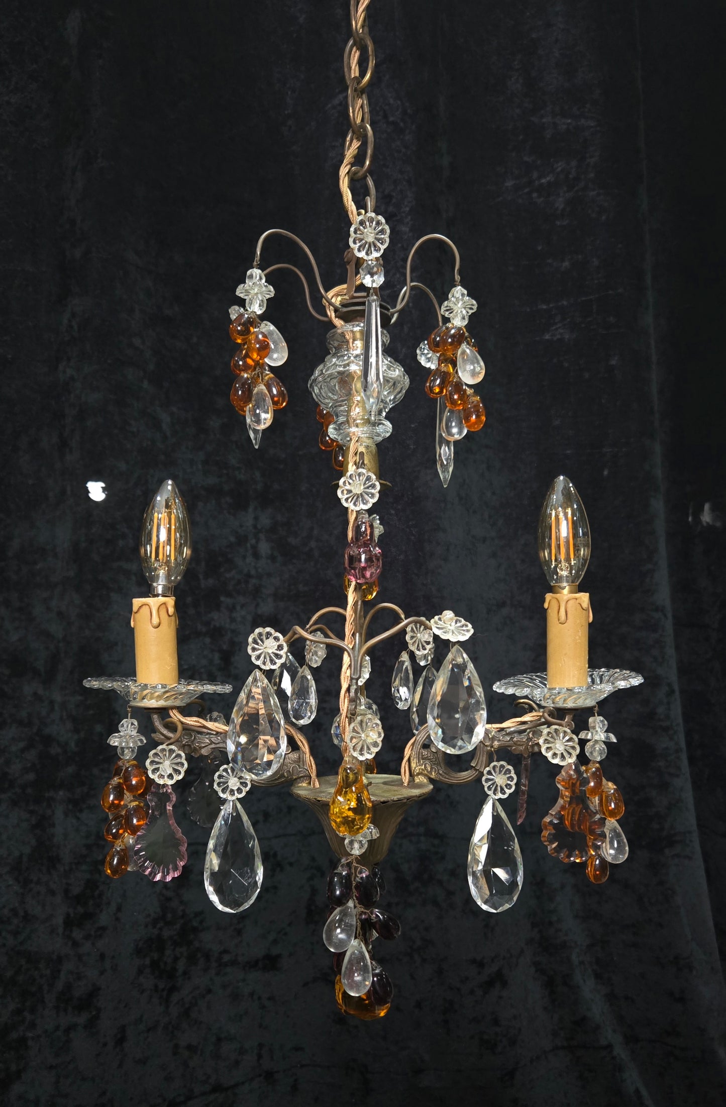 Fabulous Antique French 2 Arm Caged Murano Crystal Brass Chandelier Light