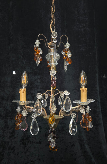 Fabulous Antique French 2 Arm Caged Murano Crystal Brass Chandelier Light