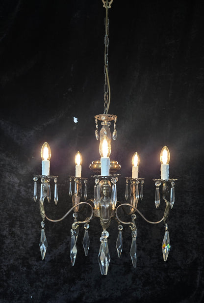 Classical Vintage Italian 5 Arm Crystal Brass Lady Figures Chandelier Light