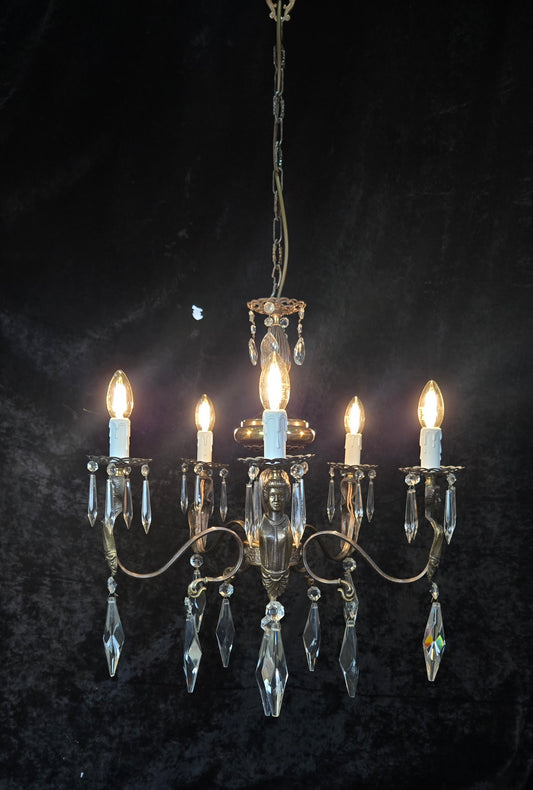 Classical Vintage Italian 5 Arm Crystal Brass Lady Figures Chandelier Light
