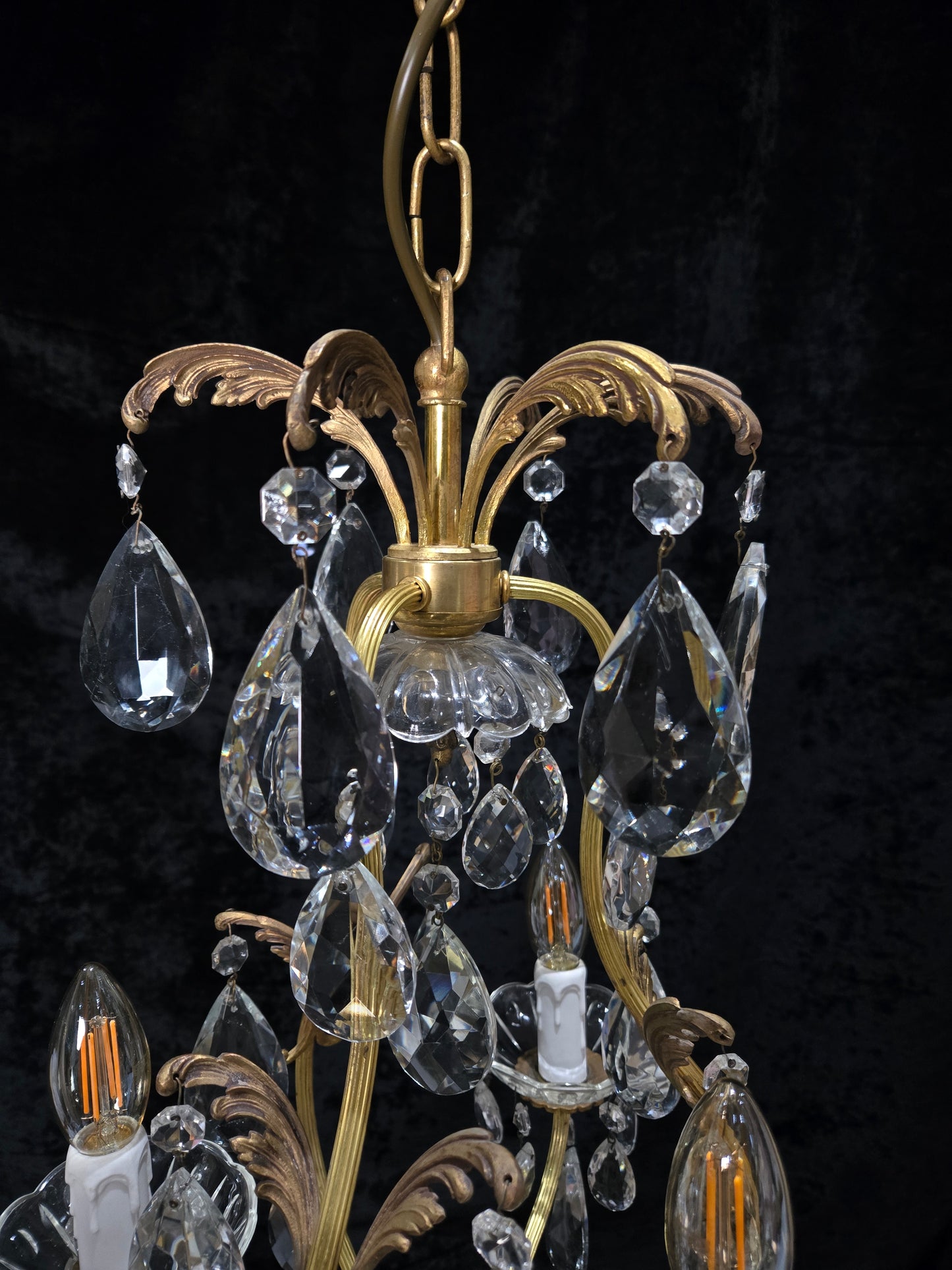 Beautiful Vintage Italian 3 Arm Brass Crystal Cage Leaf Chandelier Ceiling Light