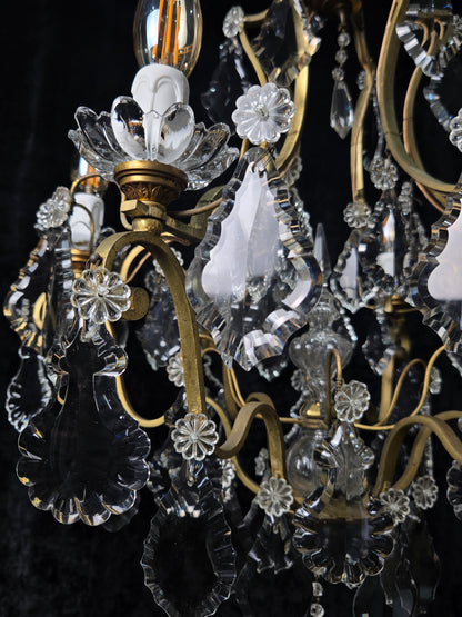 Classical Antique French 6 Arm Caged Bronze Crystal Chandelier Ceiling Light