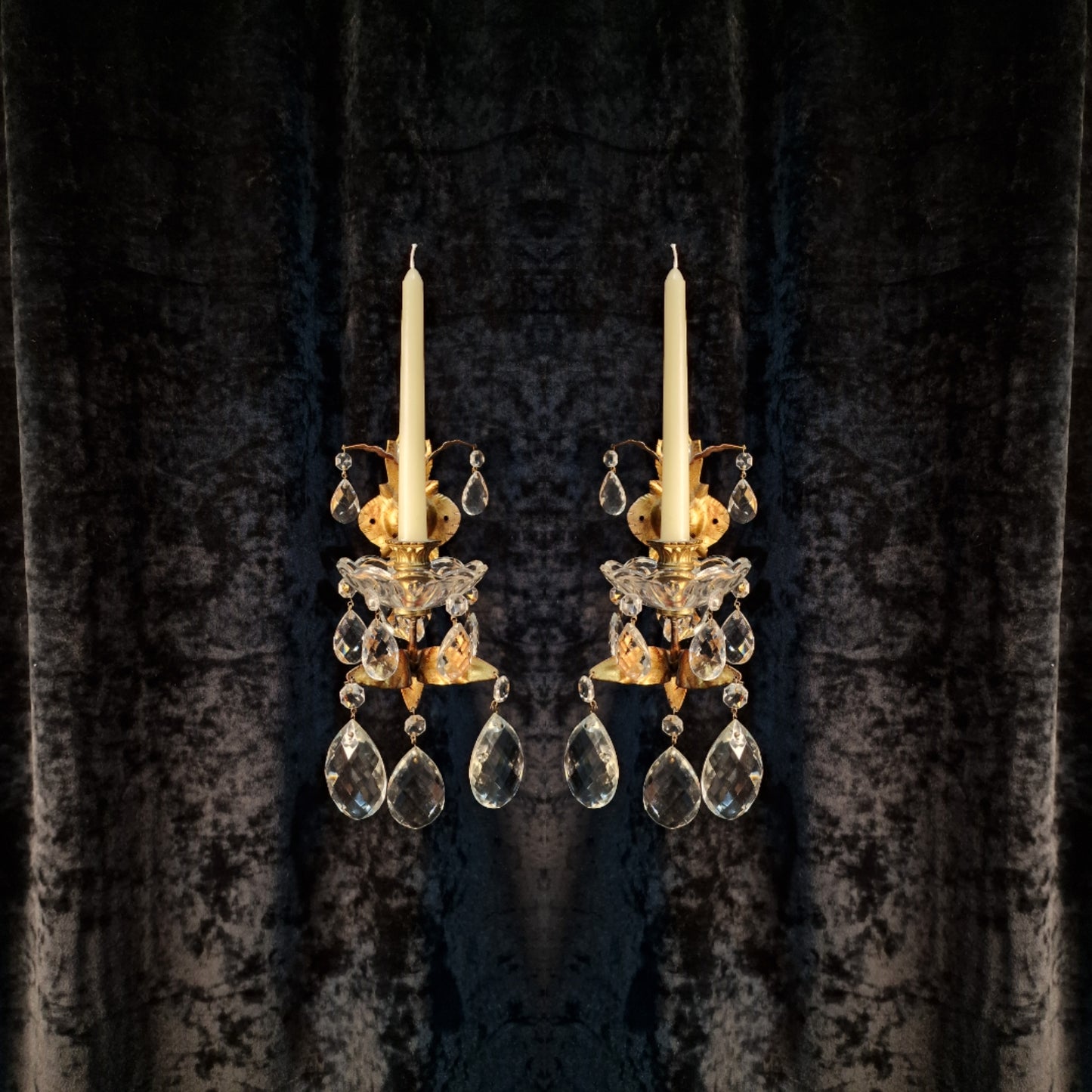 Stunning Pair Vintage Italian 1 Arm Florentine Toleware Candle Crystal Sconces