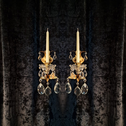 Stunning Pair Vintage Italian 1 Arm Florentine Toleware Candle Crystal Sconces