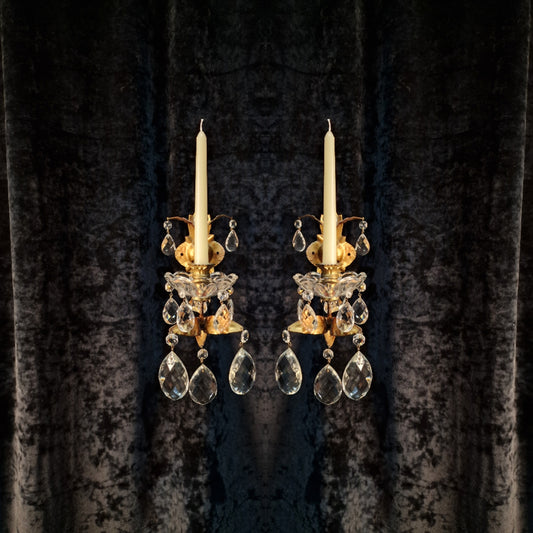 Stunning Pair Vintage Italian 1 Arm Florentine Toleware Candle Crystal Sconces