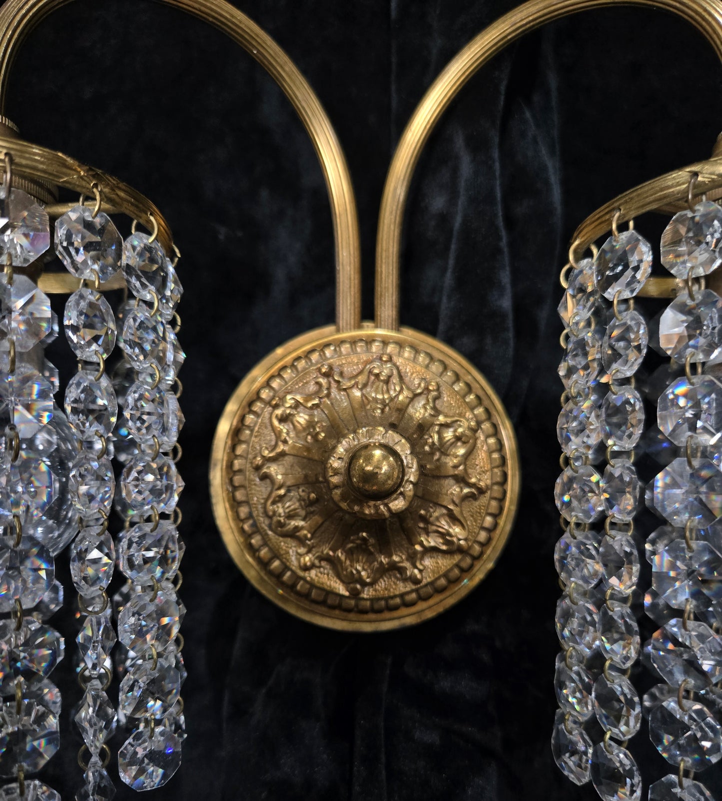 Beautiful Pair of Vintage French 2 Arm Brass Wall Lights with Crystal Shades