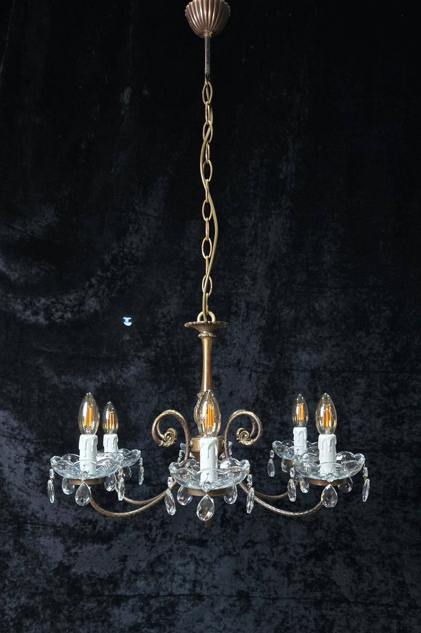 Classical Vintage Italian Brass 6 Arm Glass Crystal Chandelier Ceiling Light