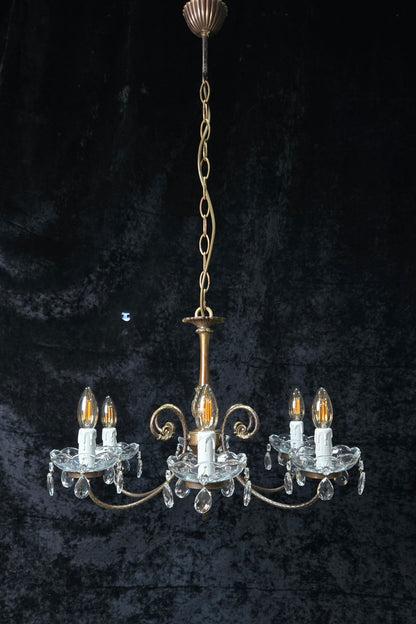 Classical Vintage Italian Brass 6 Arm Glass Crystal Chandelier Ceiling Light