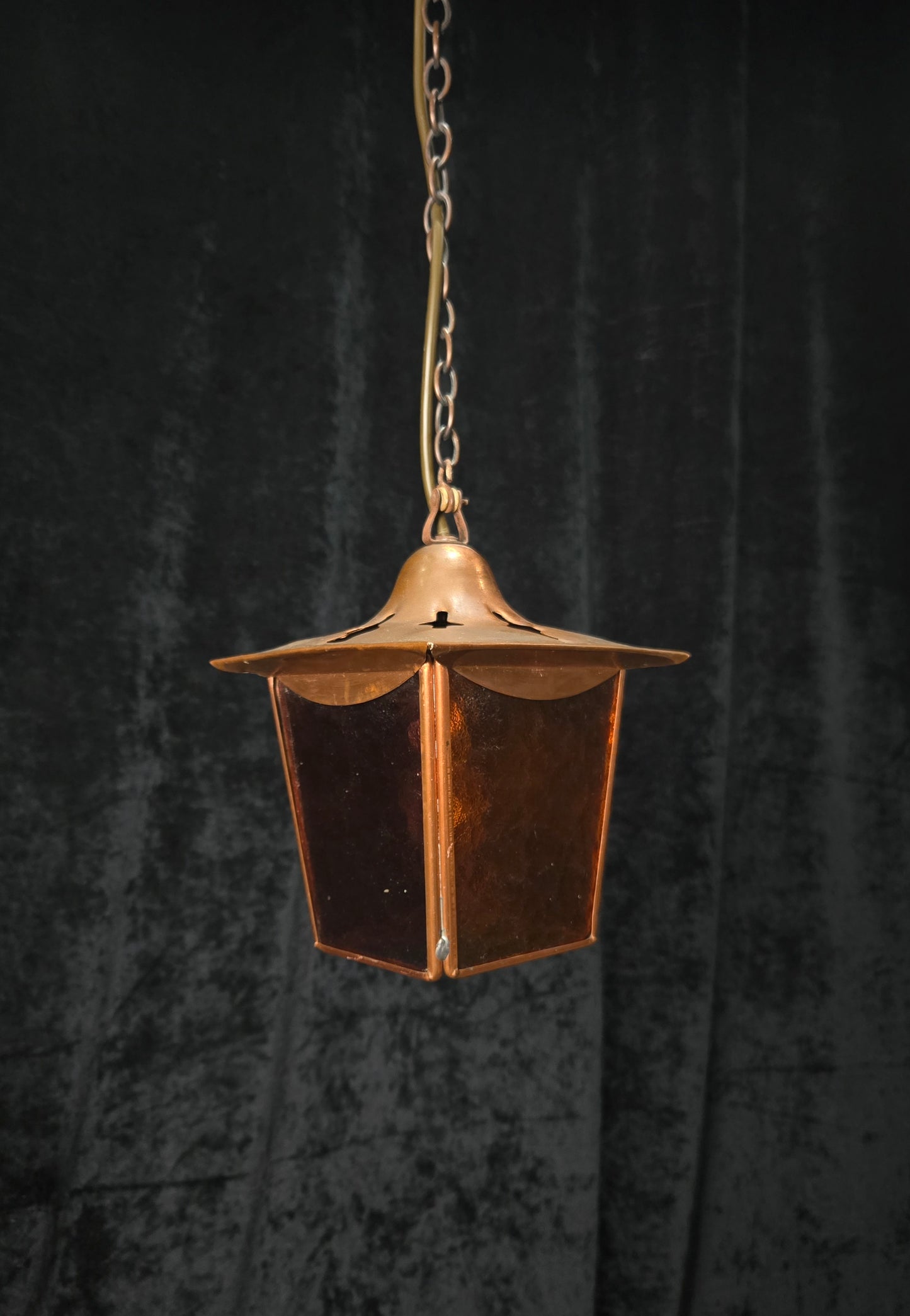 Lovely Vintage French Coloured Glass Copper Lantern Ceiling Light