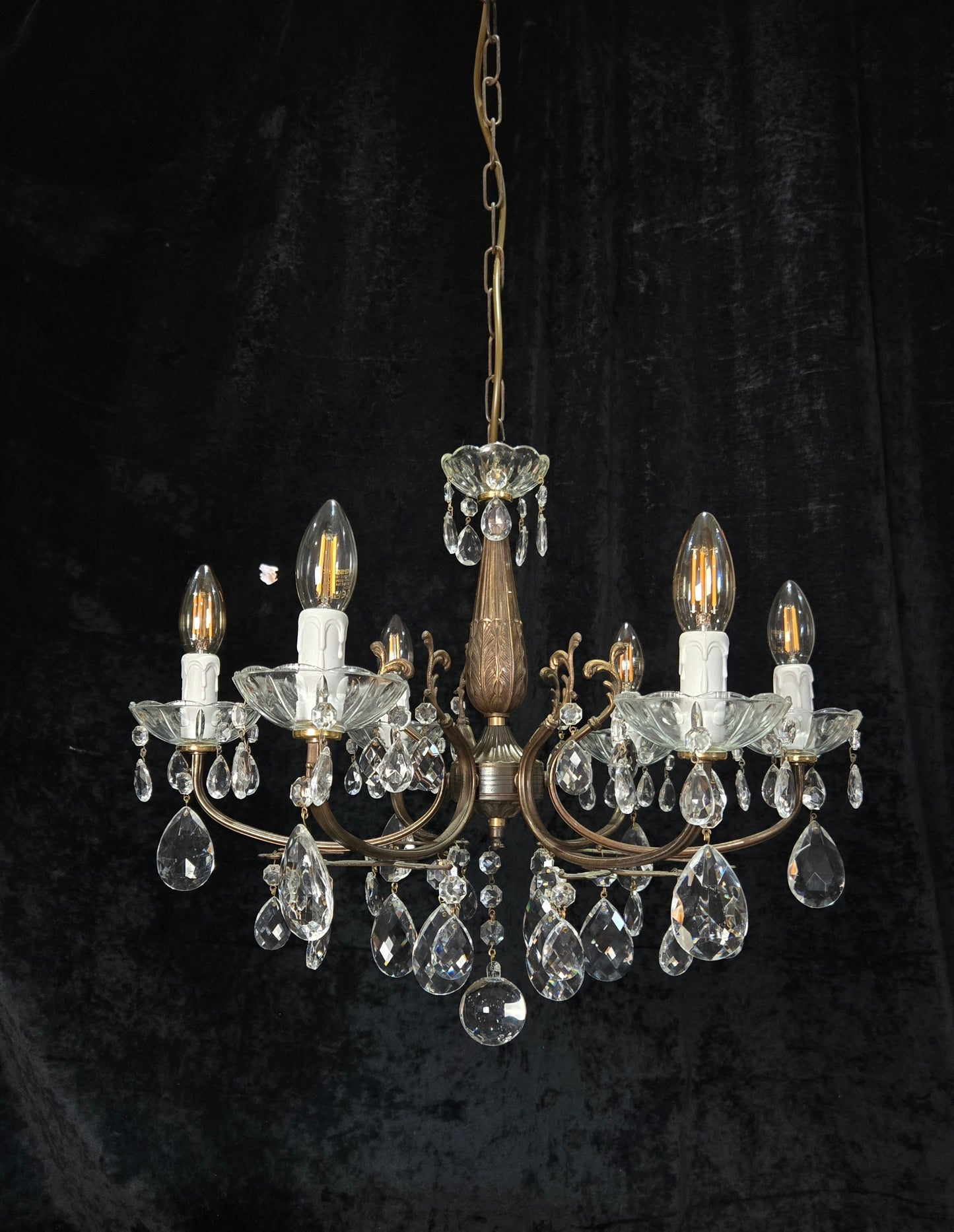 Beautiful Vintage Italian 6 Arm Brass Glass Crystal Chandelier Ceiling Light