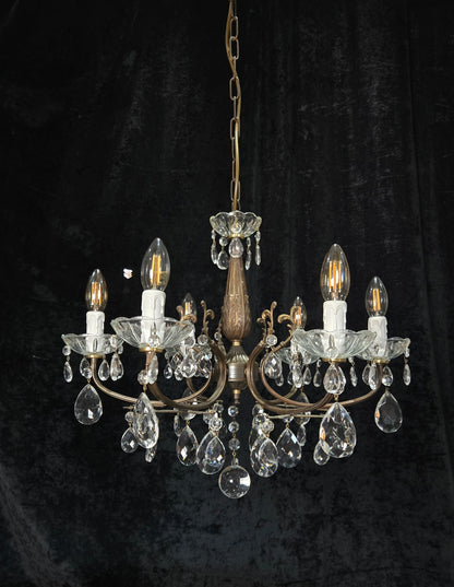 Beautiful Vintage Italian 6 Arm Brass Glass Crystal Chandelier Ceiling Light