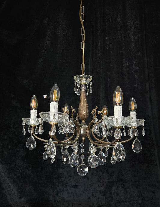 Beautiful Vintage Italian 6 Arm Brass Glass Crystal Chandelier Ceiling Light