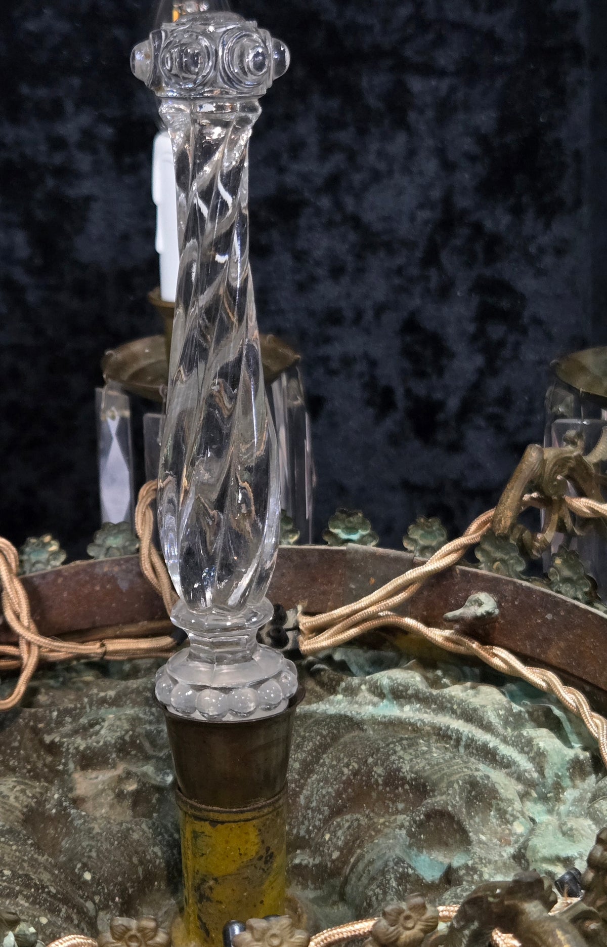 Exceptional Antique French Late 1800s 9 Arm Brass Blue Glass Crystal Chandelier