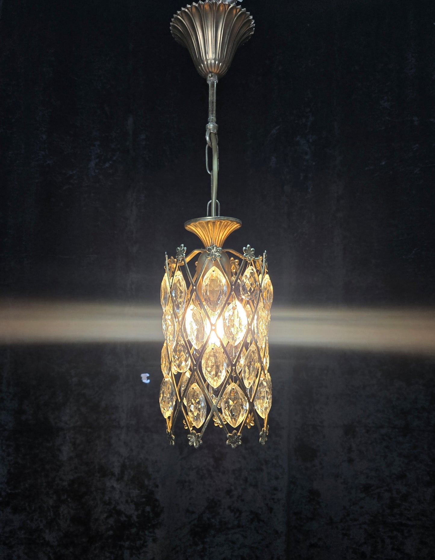Unique Vintage Italian 1 Light Brass Small Cylinder Crystal Caged Chandelier