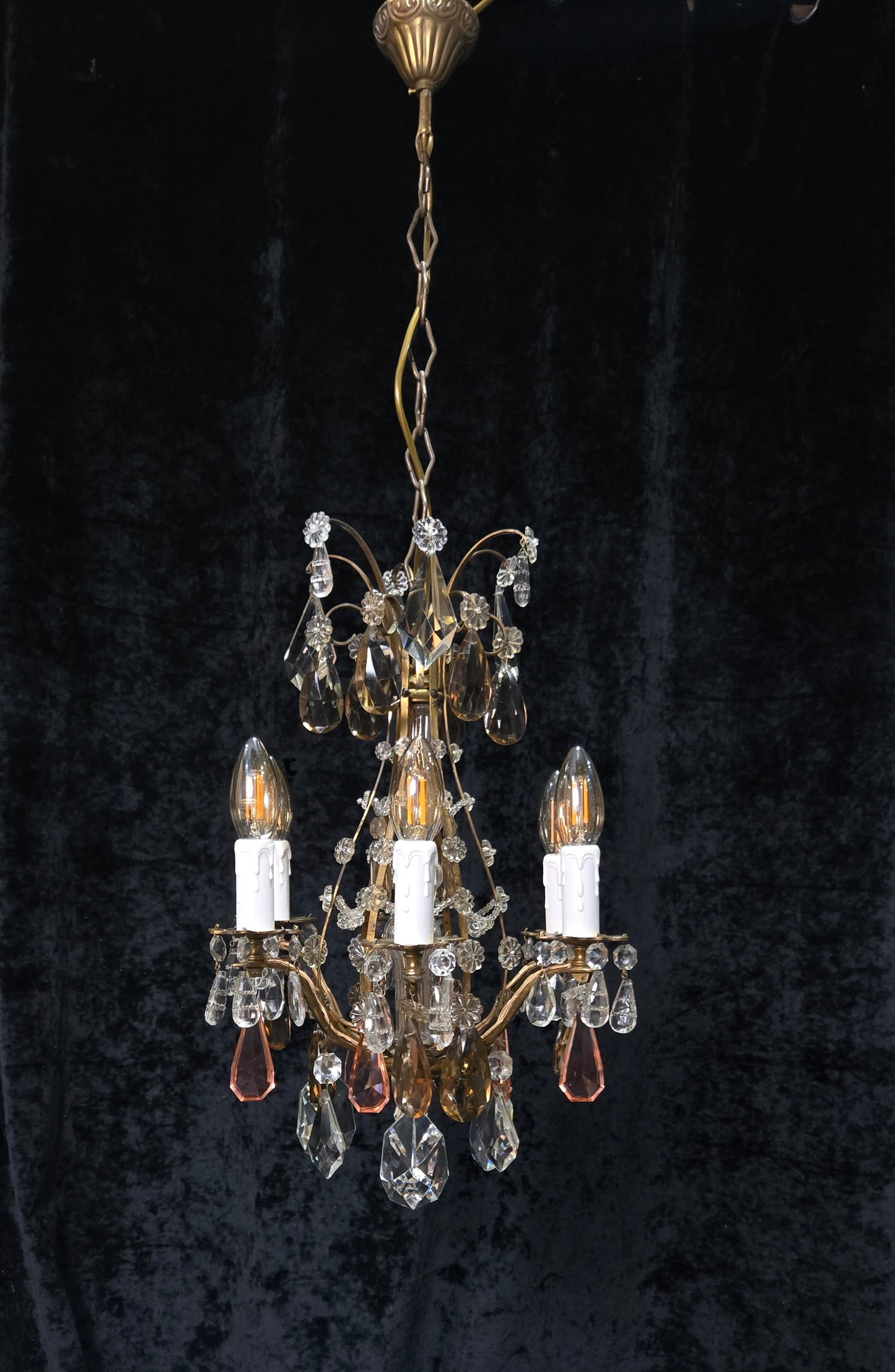 Beautiful Antique Italian 6 Arm Brass Crystal Cage Chandelier Ceiling Light