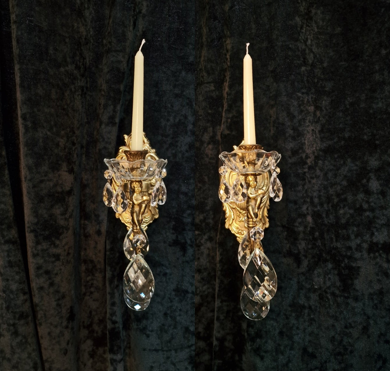 Fabulous Pair Italian Vintage Candle Cherub Brass Crystal Wall Sconces Lights