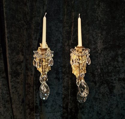 Fabulous Pair Italian Vintage Candle Cherub Brass Crystal Wall Sconces Lights
