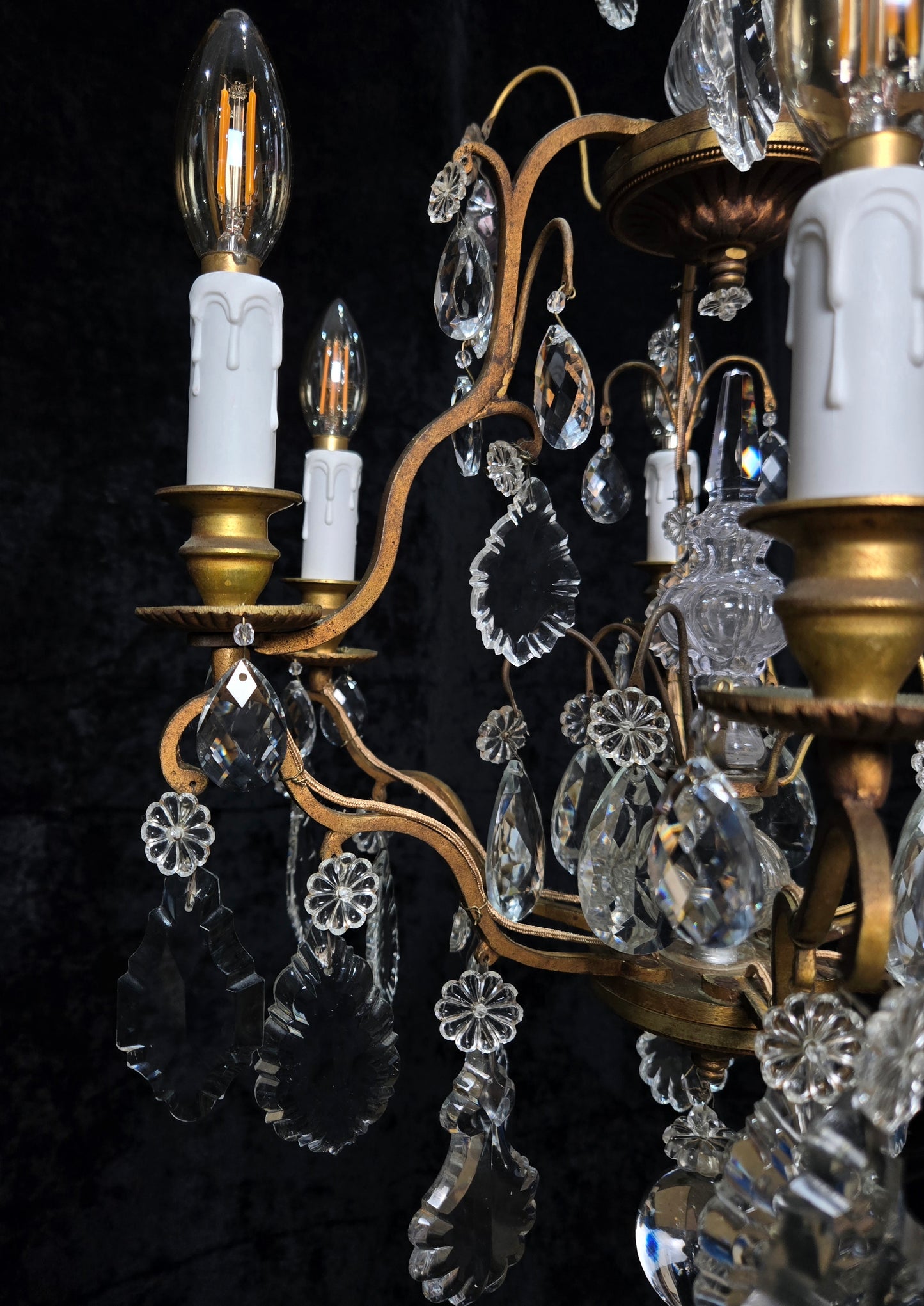 Stunning Antique French 6 Arm Cage Bronze Crystal Chandelier Ceiling Light