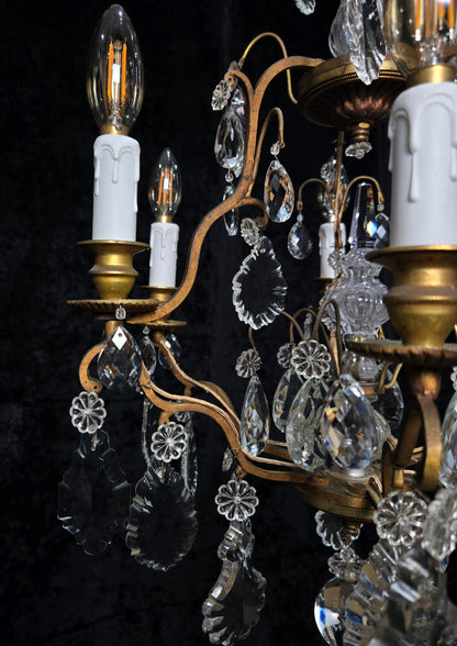 Stunning Antique French 6 Arm Cage Bronze Crystal Chandelier Ceiling Light